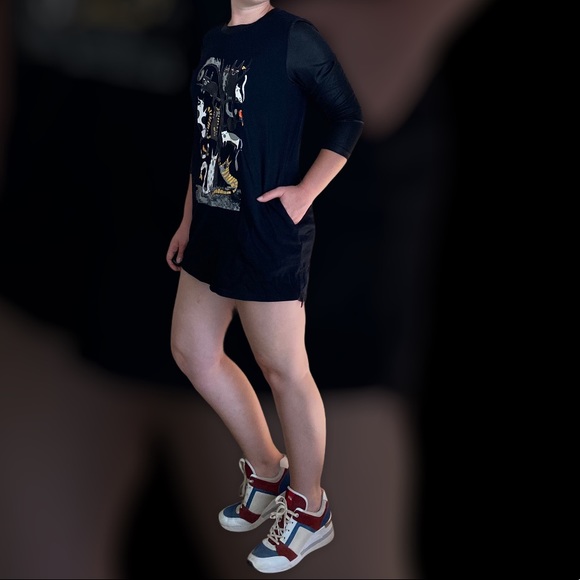 Miss Nikky Cat Artwork Tunic, Long Shirt, Mini Dress. Faux Leather 3/4 Sleeves - Picture 7 of 16